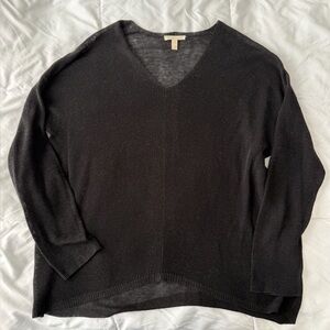 EILEEN FISHER V Neck Sweater M Black Organic Linen Tencel Sheer Lagenlook Goth